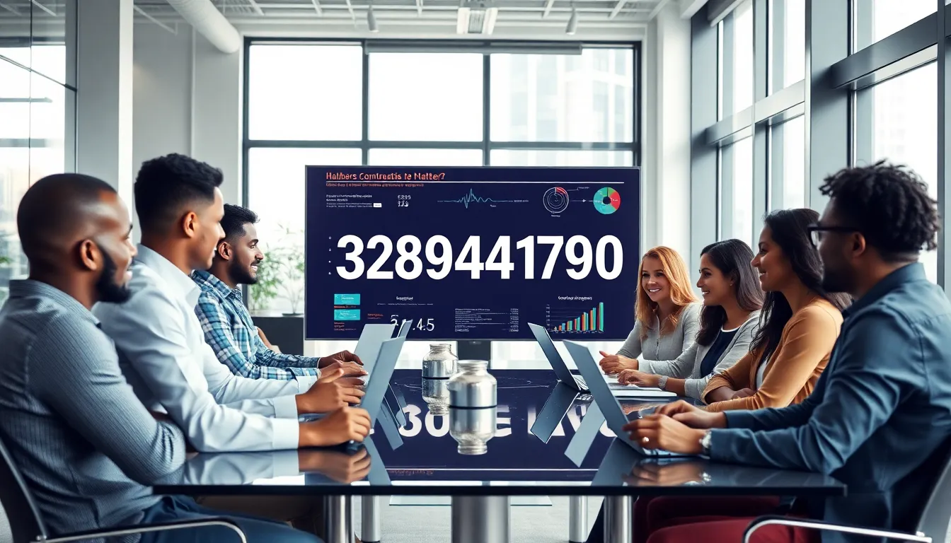 professionals collaborating in a modern office setting around the number 3289481790